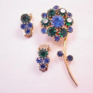 Delicate Blue and Green Rhinestone Flower Pin and Earrings Set