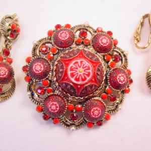 Unusual Red Art Glass Pin and Earrings Set
