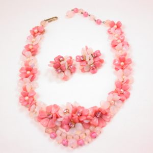 Beautiful West German Opaque White and Pink Glass Flower Necklace