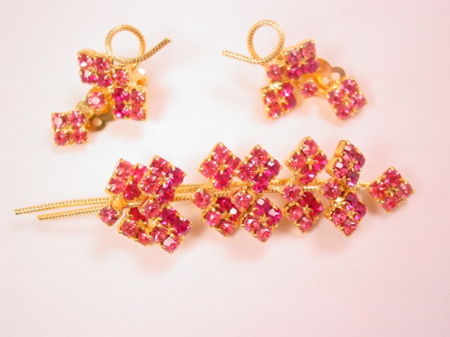 Magenta and Pink Rhinestone Branch Pin and Earrings Set