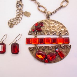 You & I Red Plastic Rhinestone Necklace and Earrings Set