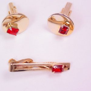 Red Rhinestone Rectangle Cuff Links and Tie Tac Set