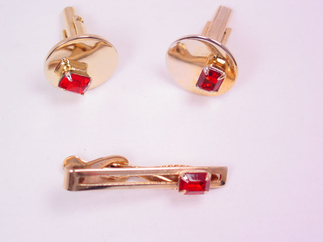 Red Rhinestone Rectangle Cuff Links and Tie Tac Set