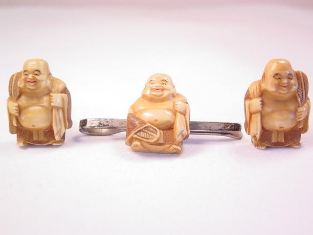 Ivory Laughing Buddha on Sterling Cuff Links and Tie Clip